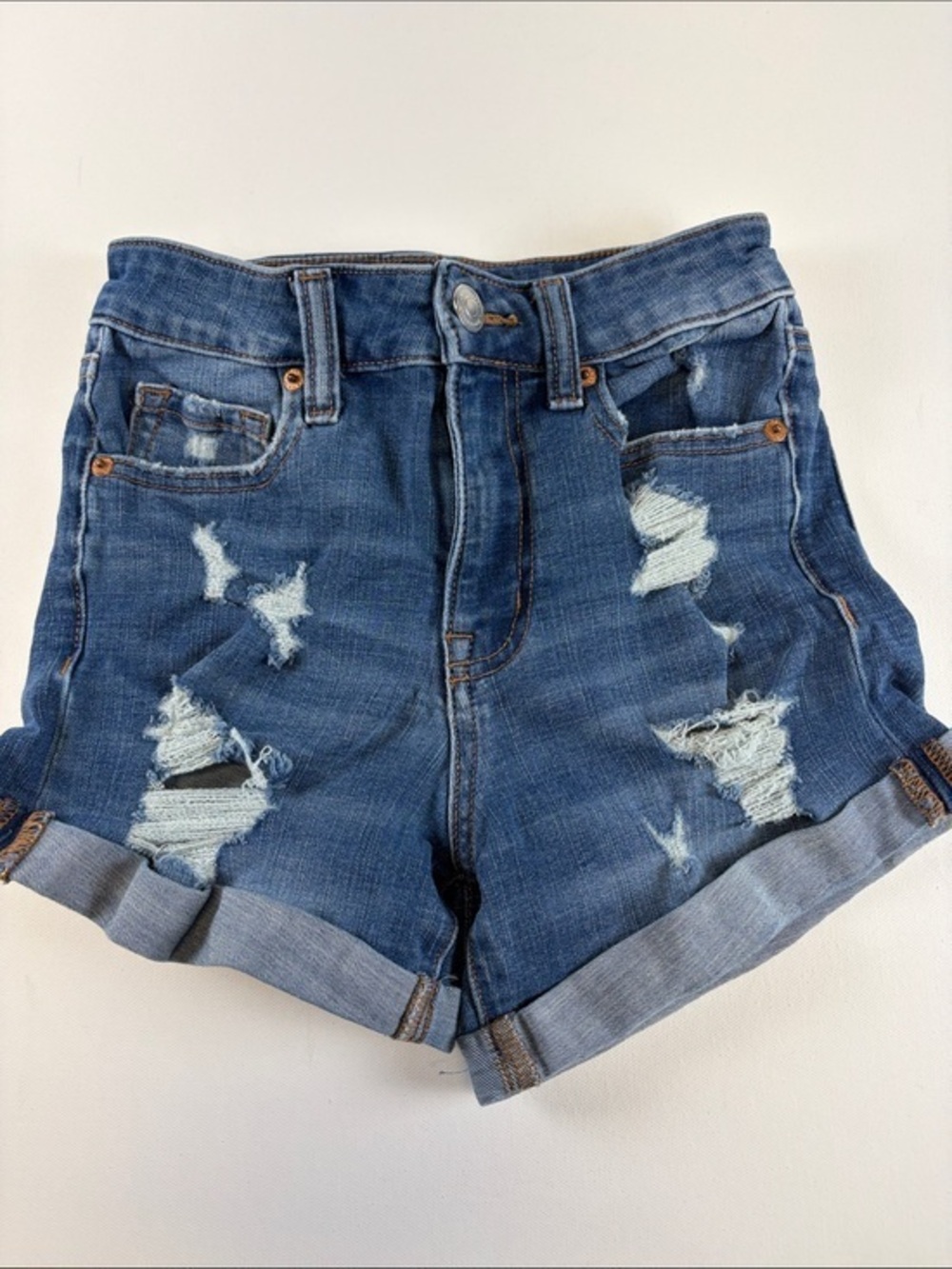 AEROPOSTALE SUPER HIGH RISE MIDI DISTRESSED DENIM SHORTS SIZE 0